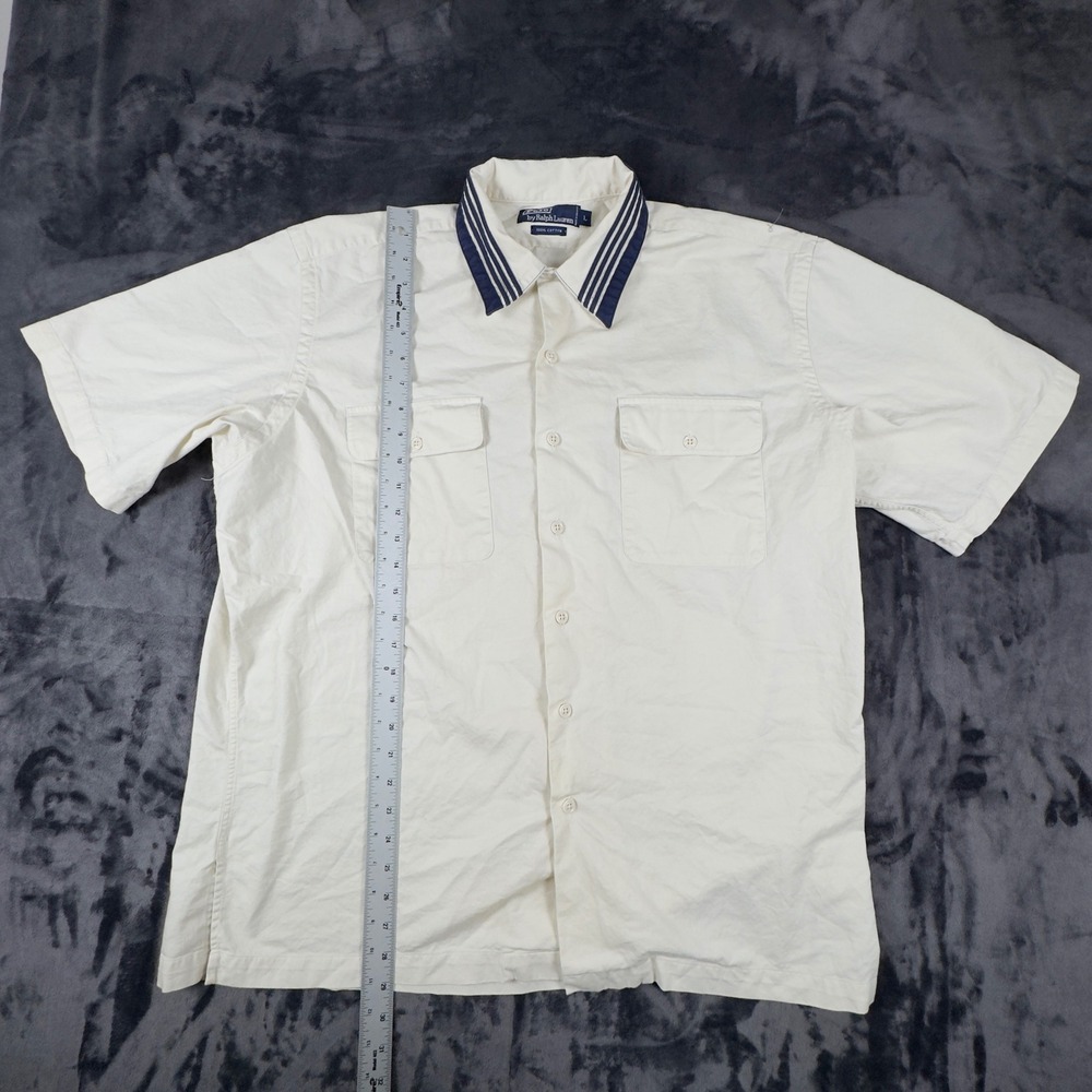 Polo Ralph Lauren Button Down Shirt Mens L Cream Short Sleeve Striped Collar